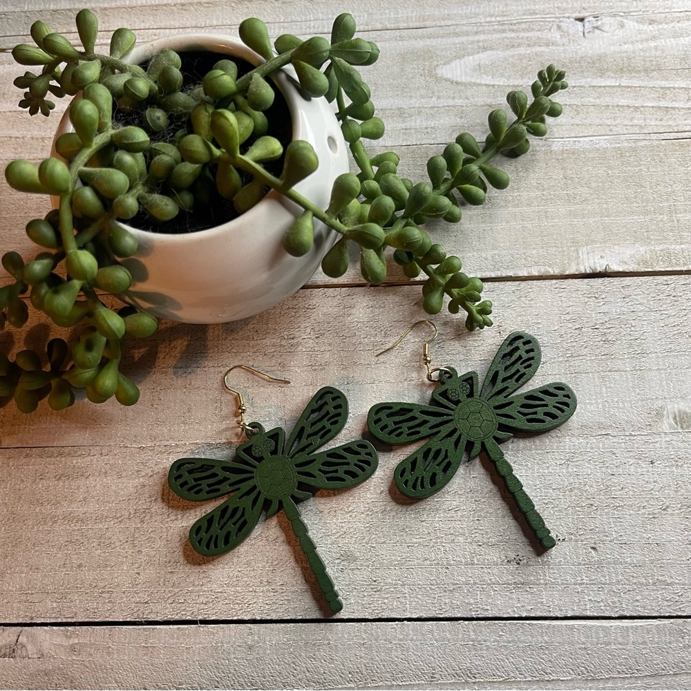 Large Green Dragonfly Boho Earrings! New!